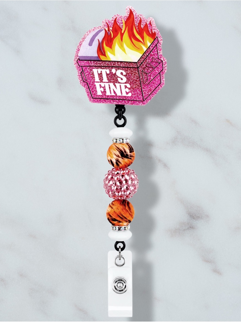 Dumpster Fire "It's Fine" Novelty Beaded Badge Reel